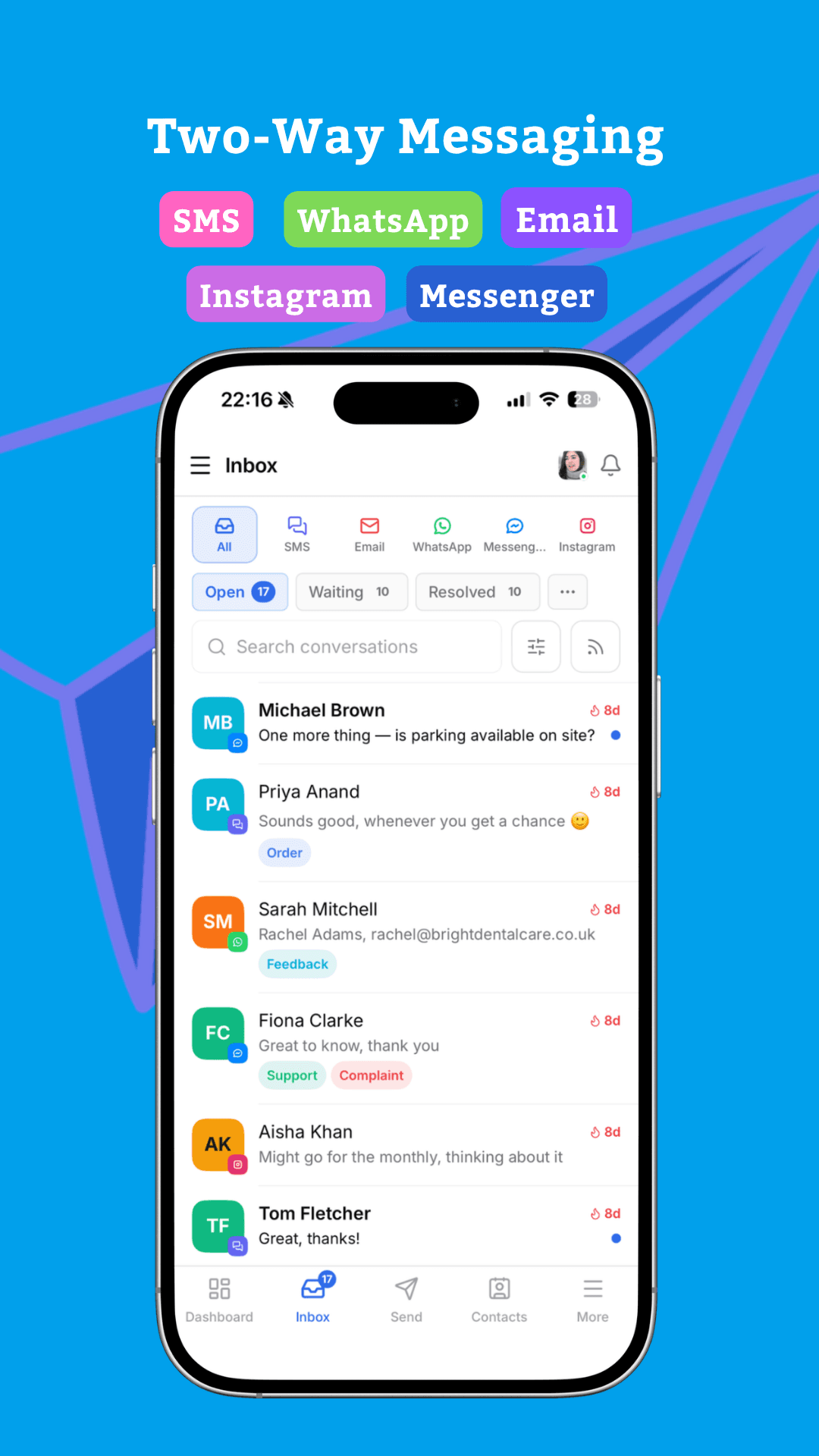 Havari mobile inbox with SMS, Email, WhatsApp, Messenger and Instagram conversations