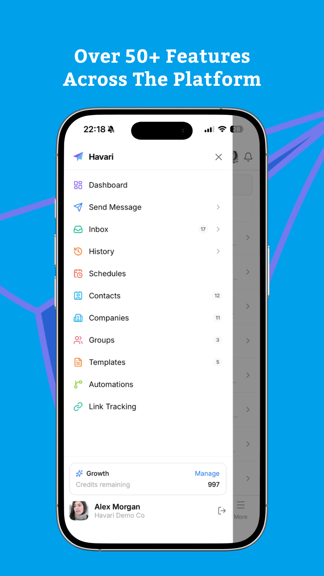 Havari mobile app navigation menu with dashboard, inbox, contacts and automations